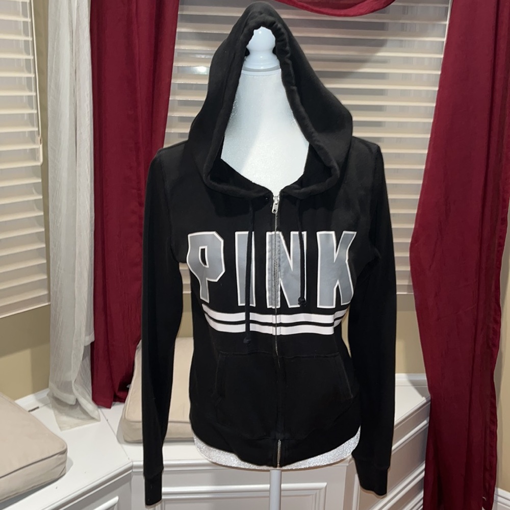 Victoria’s Secret Pink Black zipper hoodie hooded Sweatshirt Sz Small